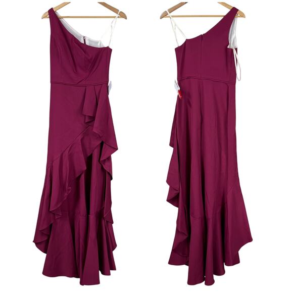 Mac Duggal NWT Purple One Shoulder High Slit Ruffle Gown Size Berry 2 Hi-Low Hem - Picture 3 of 10